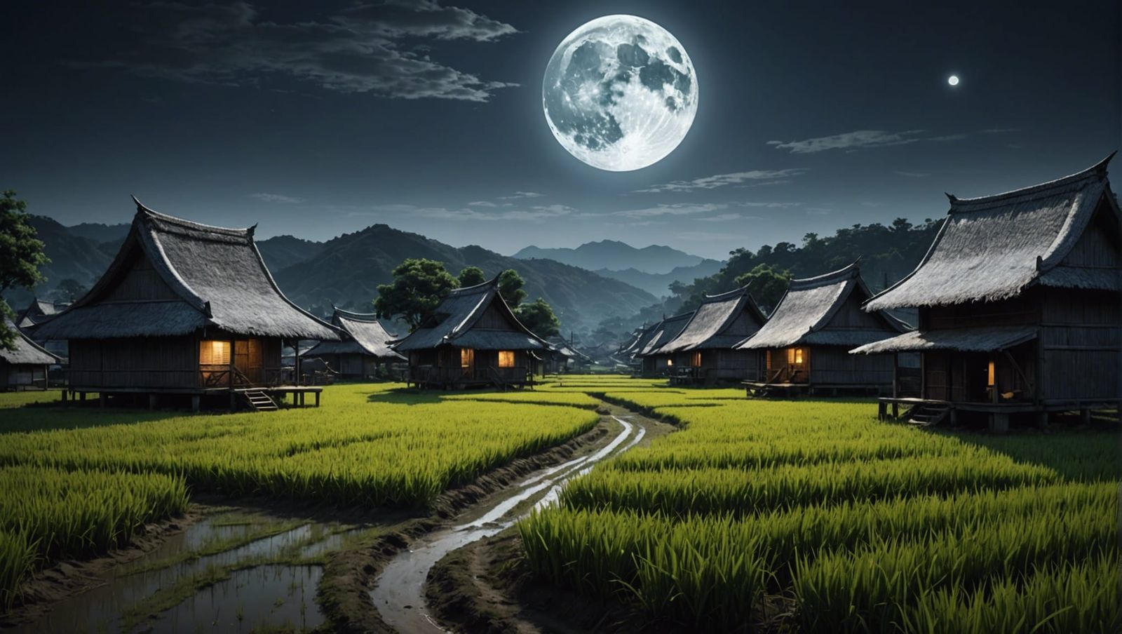 Eerie Moonlit Village in Hyperrealistic Style