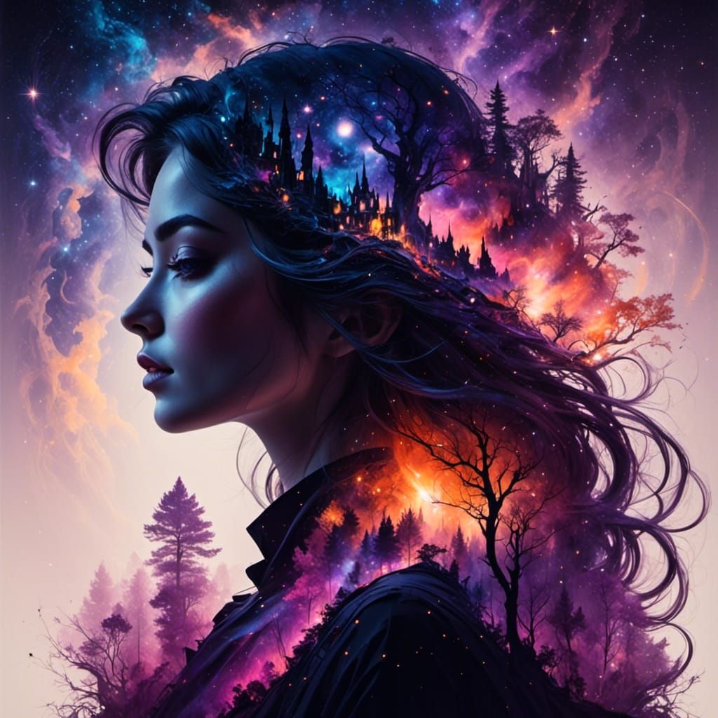 Ethereal Woman with Starscape in Double Exposure