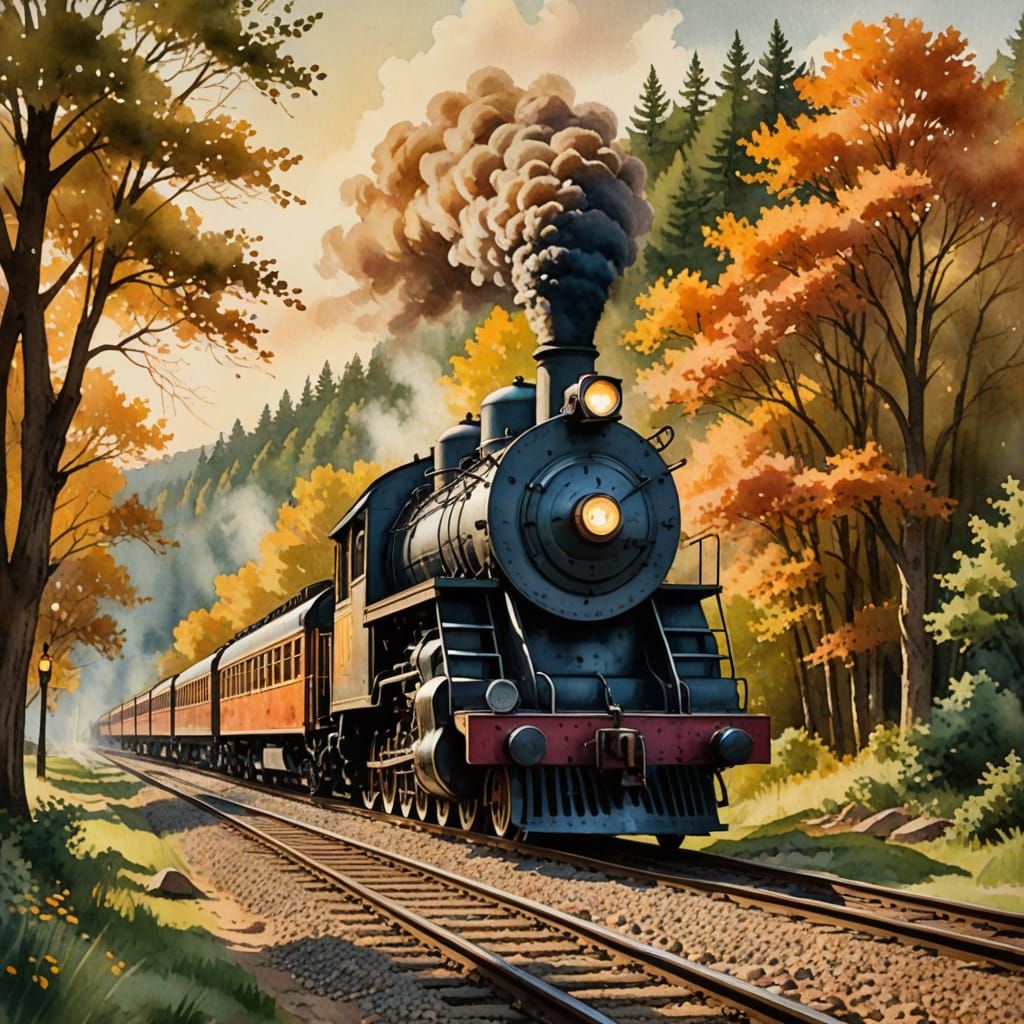 Vintage Train Station at Golden Hour, Watercolor Folk Art