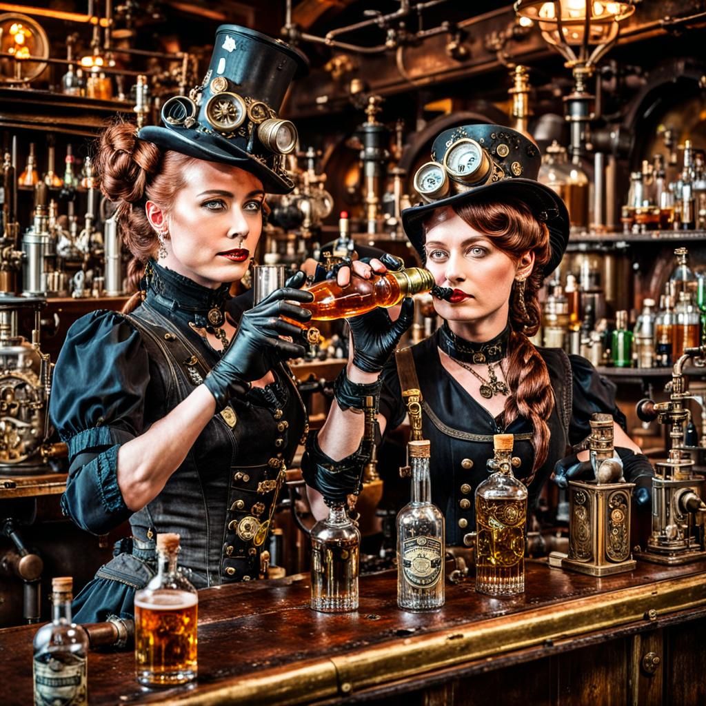 Steampunk female bartenders in a steampunk pub