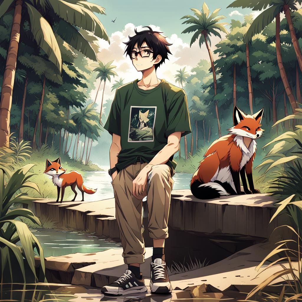 Anime Boy with Fox in Amazon Jungle