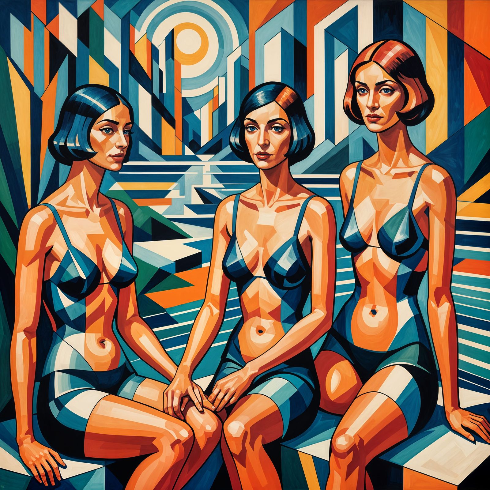 Cubist Bathers in Geometric Fauvism Style