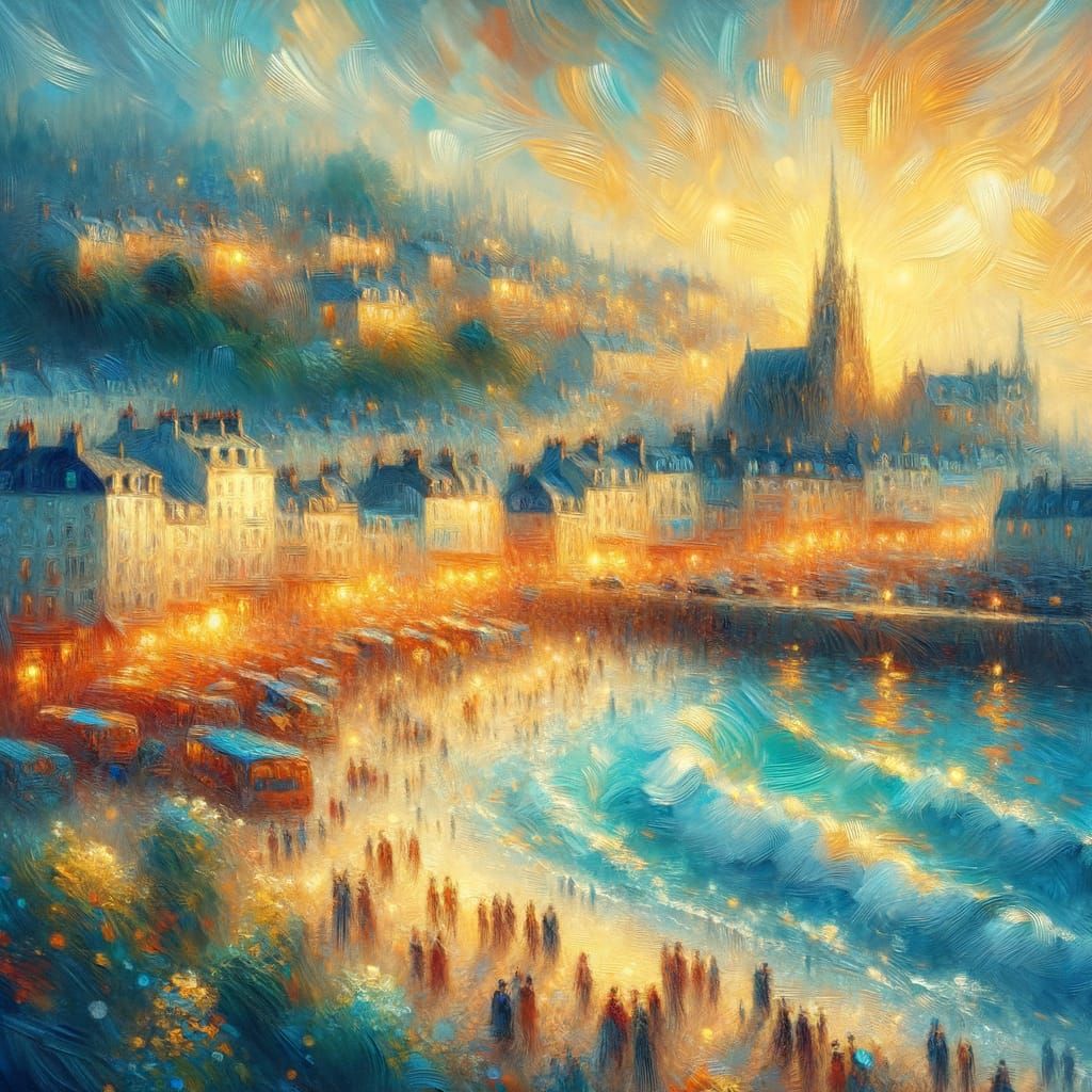 Impressionist Coastal Town Scene in Warm, Golden Light