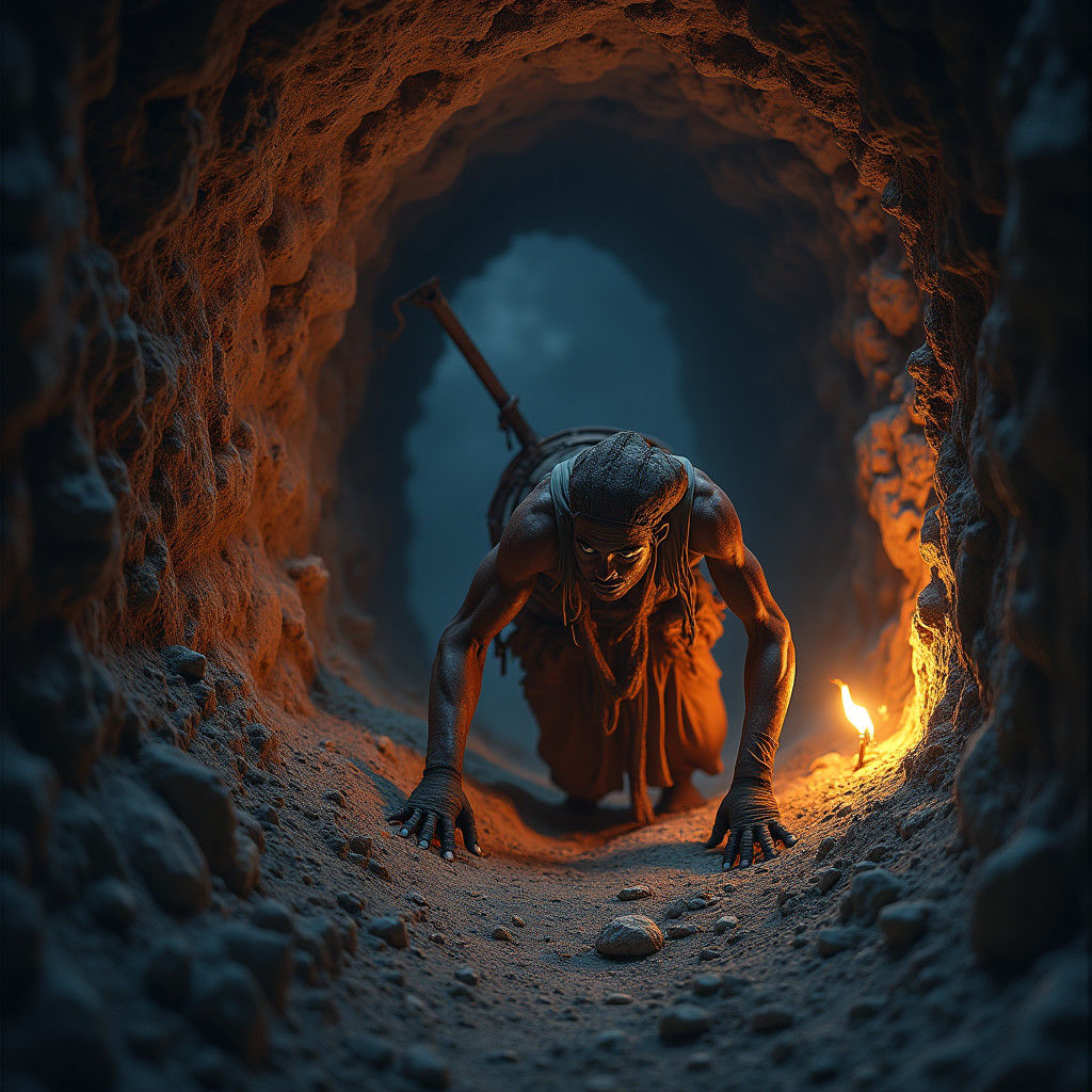 Miner Crawling Through Ancient Tunnel: Matte Painting
