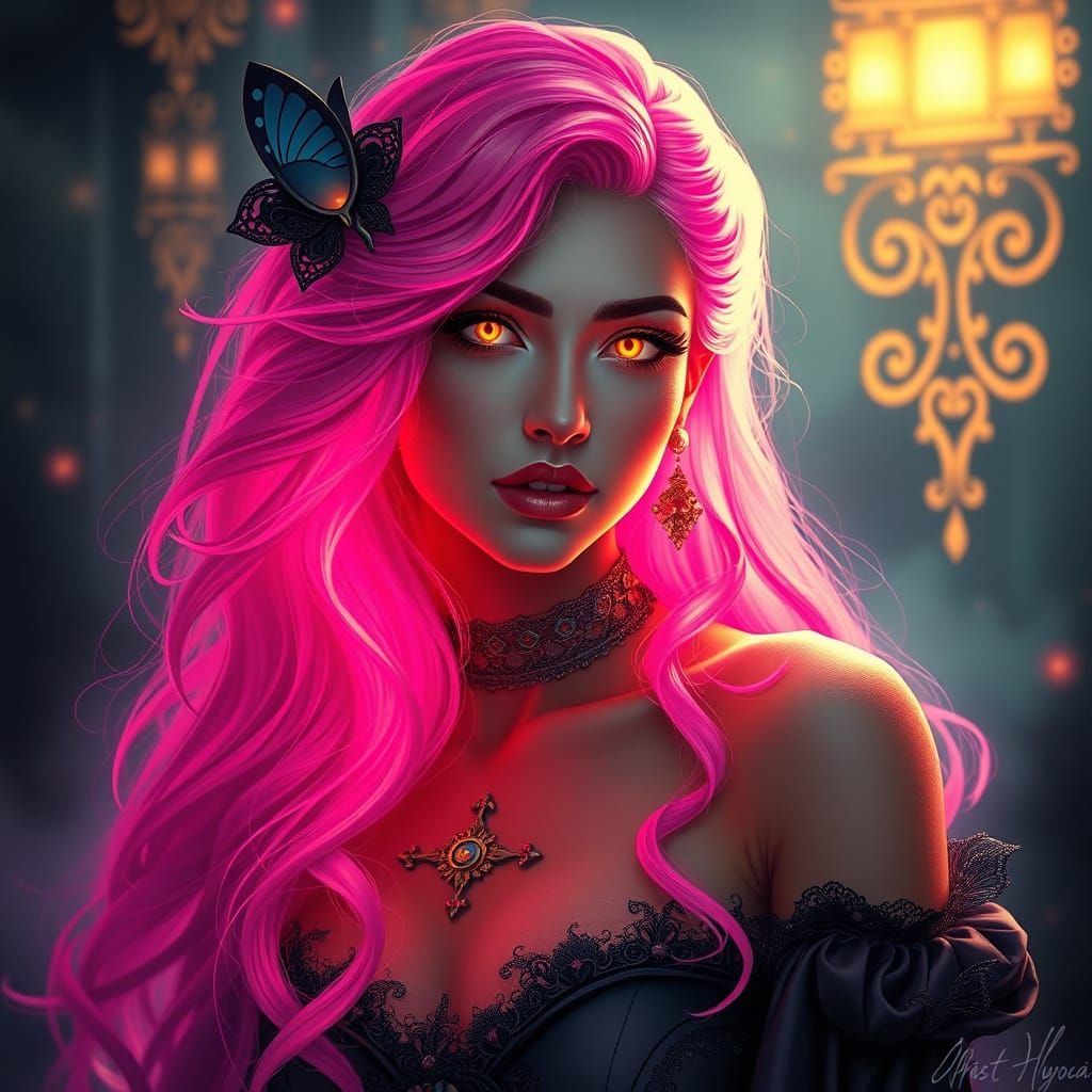 Neon Haired Woman Portrait in Art Nouveau Style