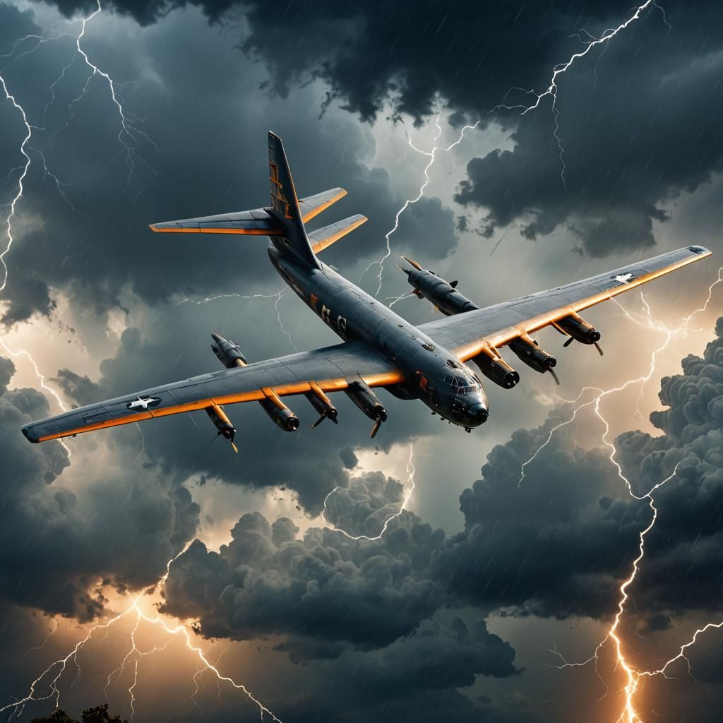 WWII B-52 Soaring Through Stormy Skies
