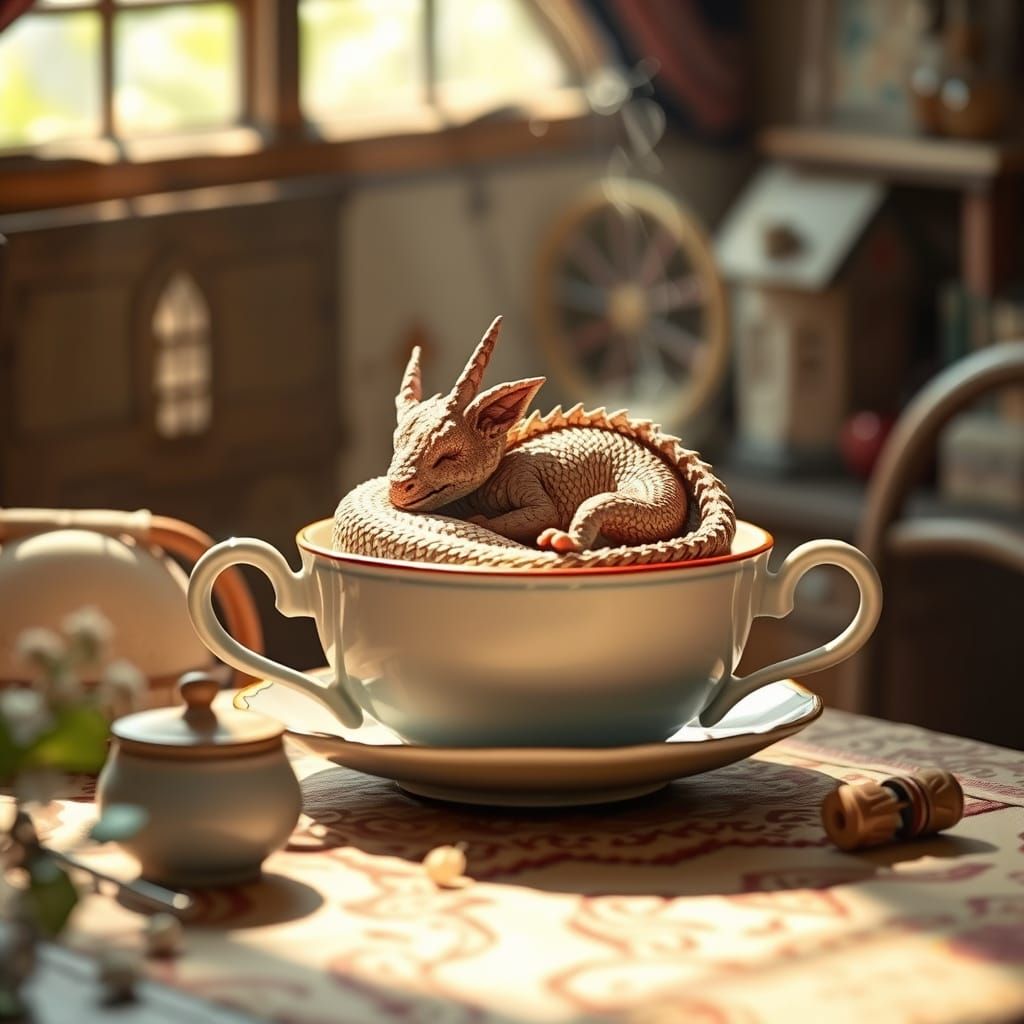 Cozy Dragon Teacup Scene in Whimsical Watercolor Style