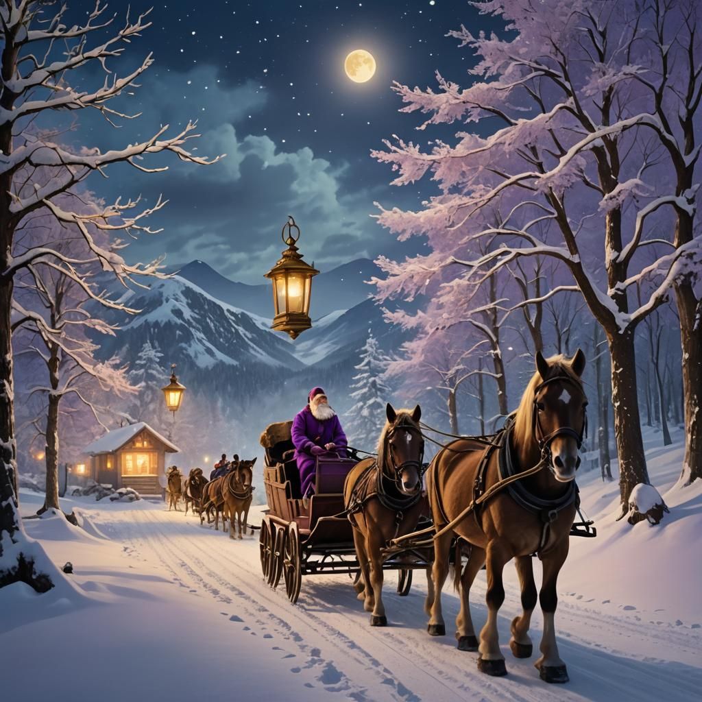 Santa Claus in Winter Village with Golden Lantern