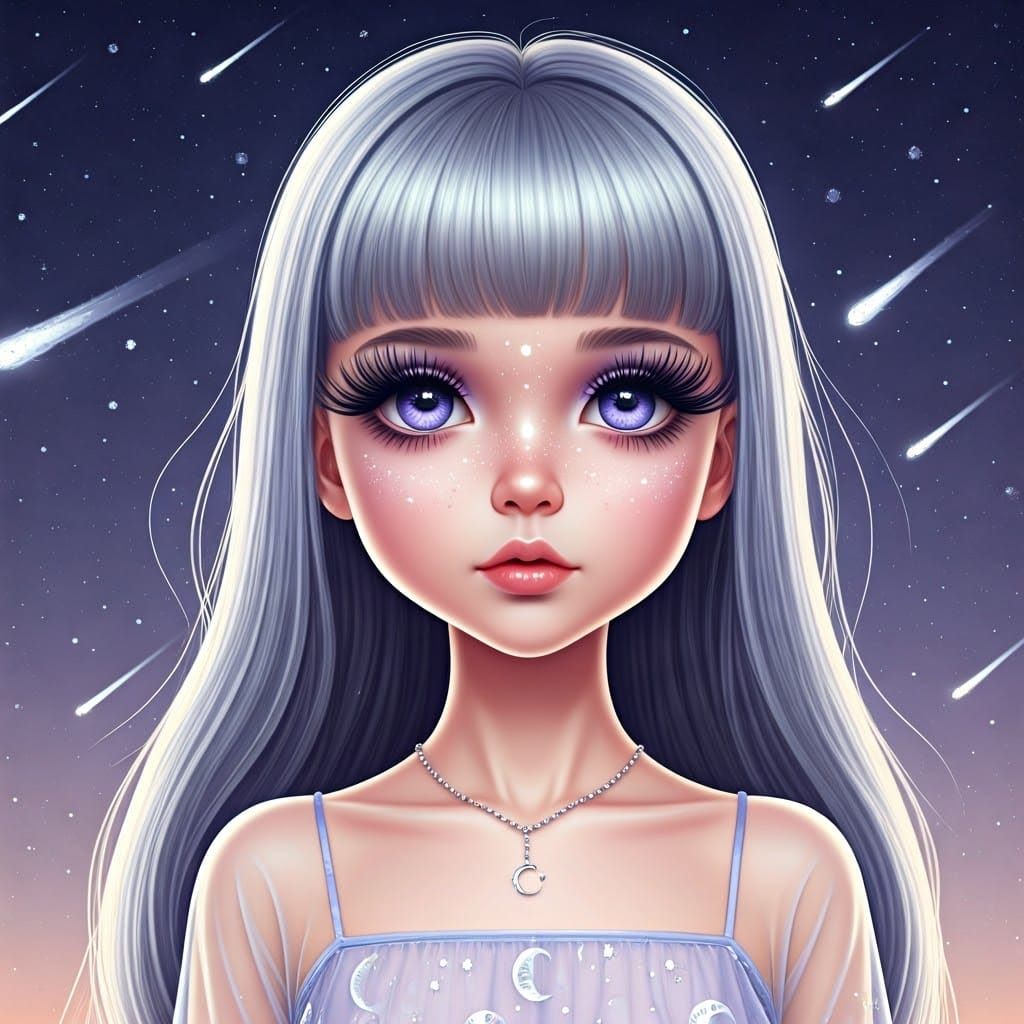 Girl in Ethereal Celestial Makeup Under Starry Sky