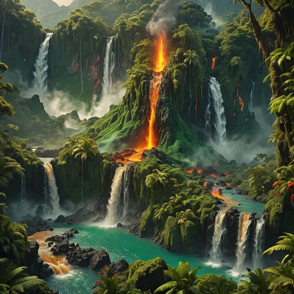 Volcano Eruption in Rainforest Waterfall Fantasy Art