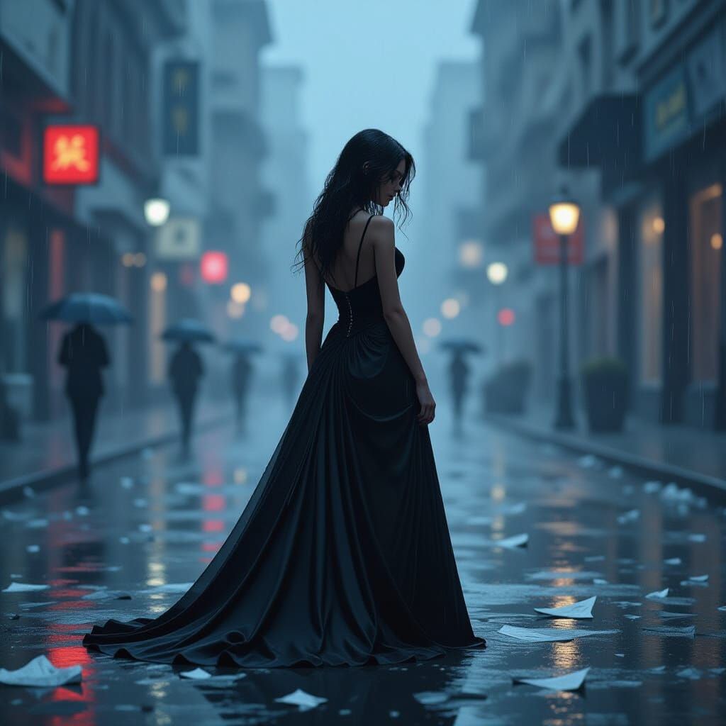 Melancholic Woman in Rainy Cityscape: Cinematic Art