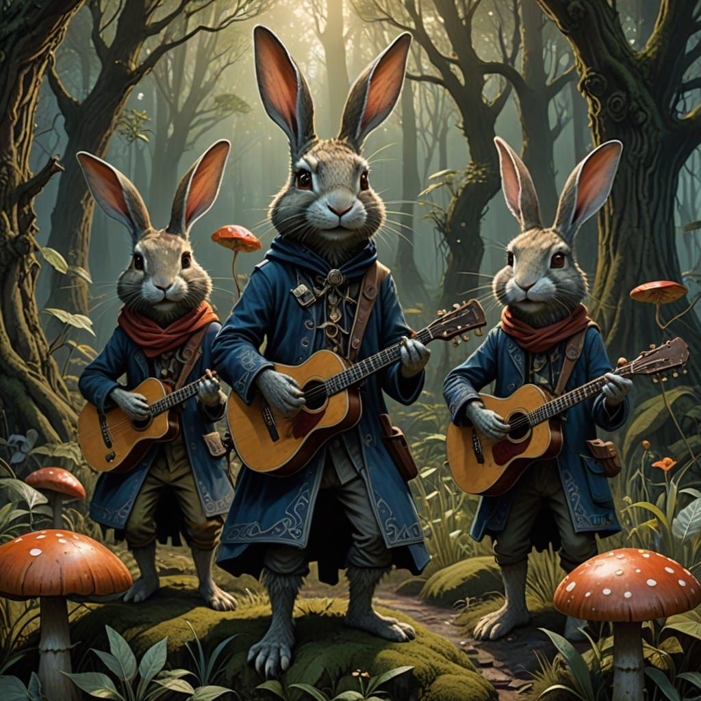 Fantastical Rabbits in Velvet Suits Harmonize in a Whimsical...