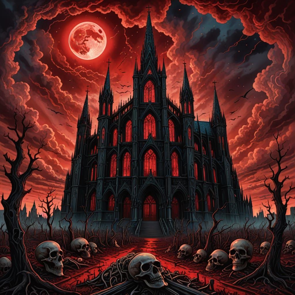 Gothic Cathedral of Bones Under Blood-Red Sky