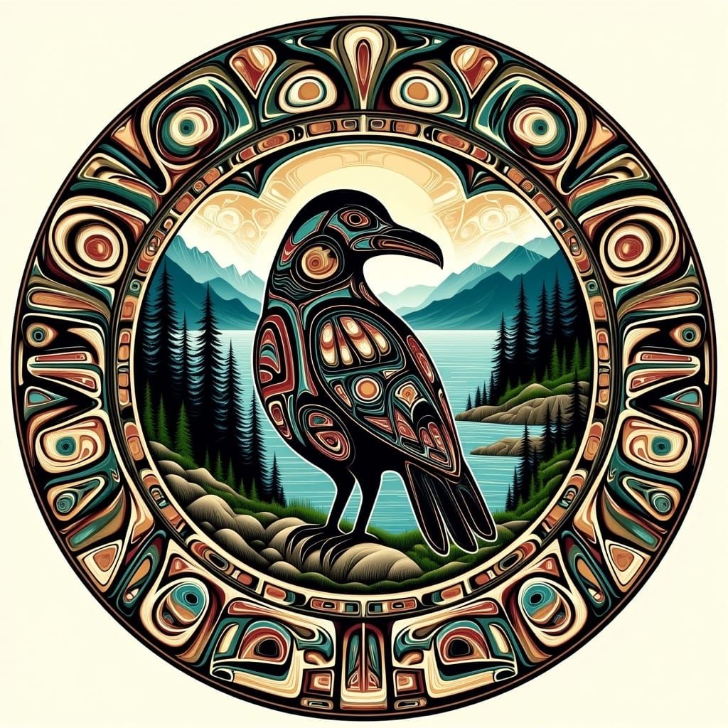 Stylized Raven in Pacific Northwest Landscape
