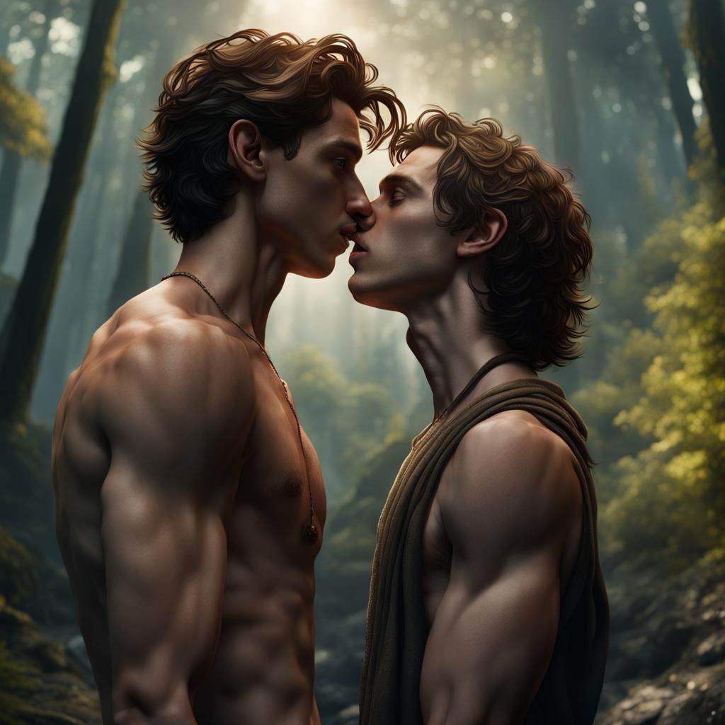 Shirtless Kiss in the Woods: Detailed Digital Painting