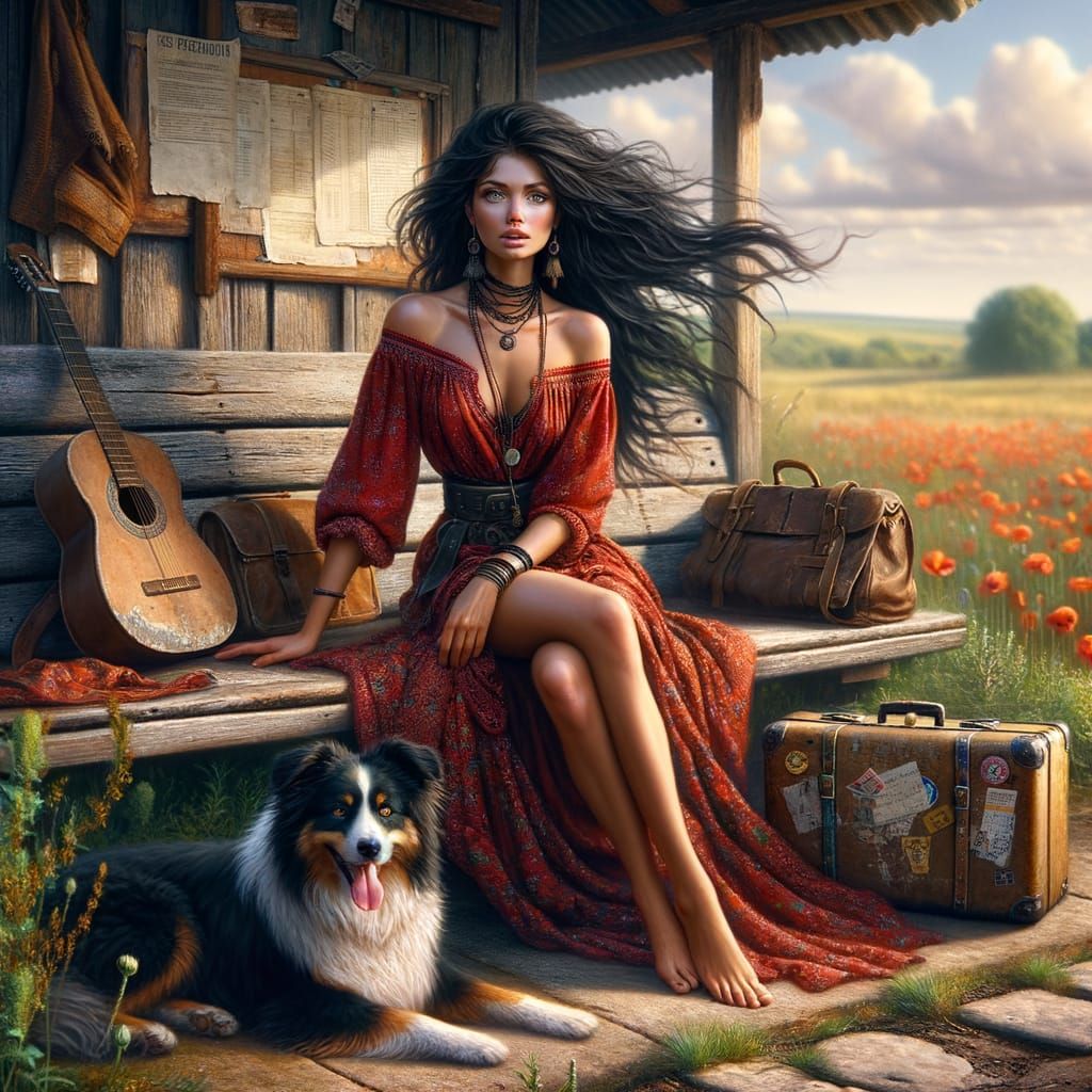 Ethereal Slavic Bohemian in Abandoned Bus Stop