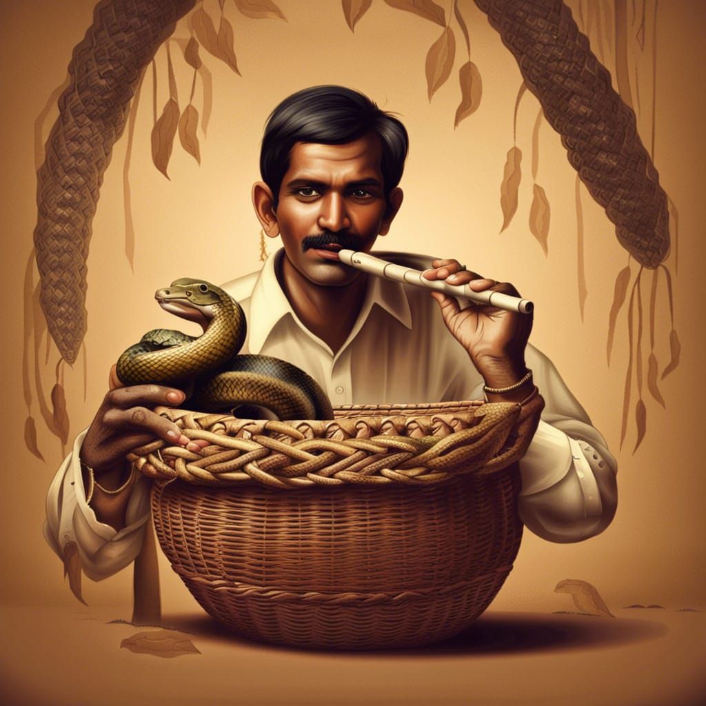 Indian Snake Charmer with Flute and Cobra