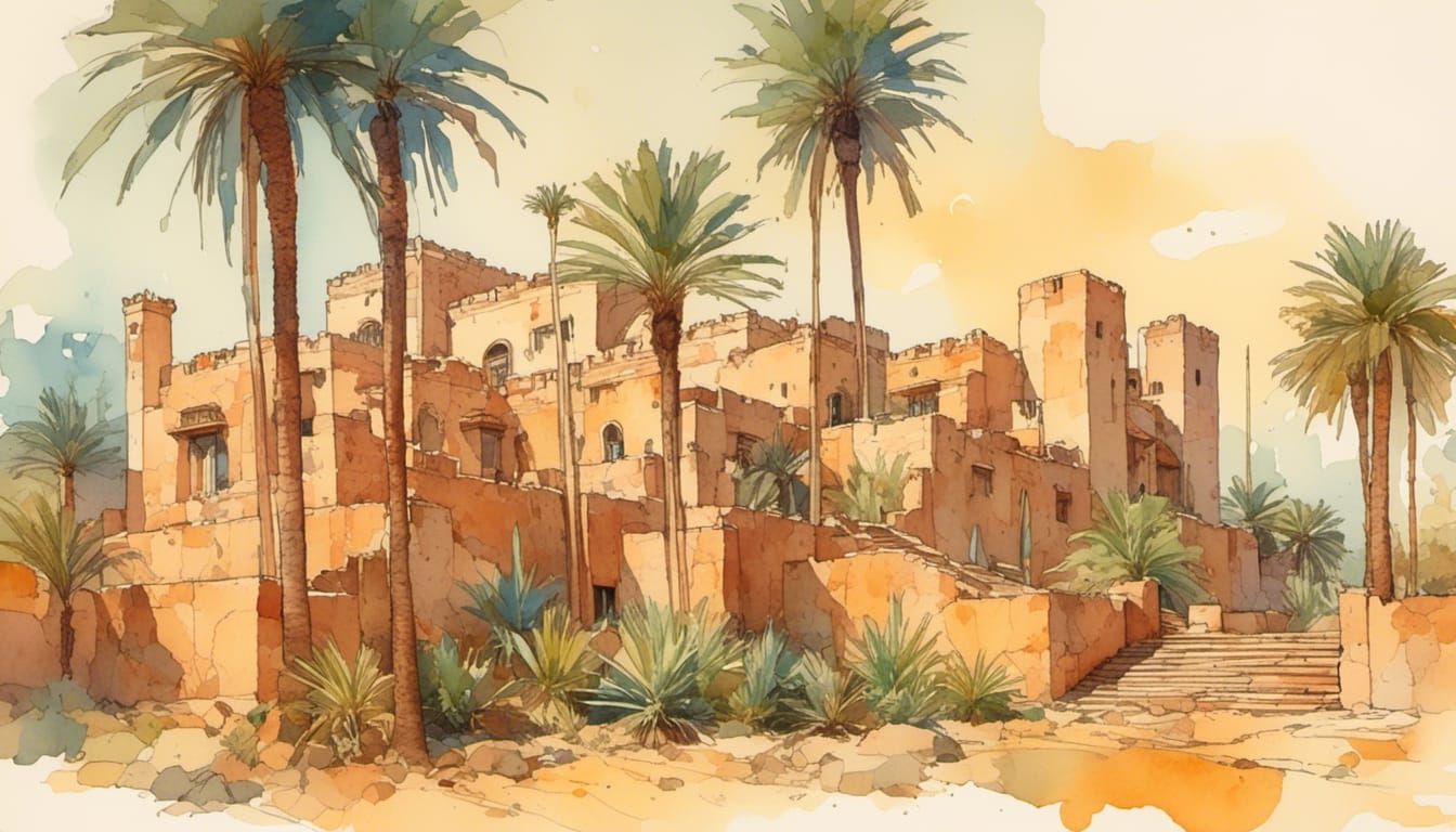 Sahara Oasis Fort in Impressionist Watercolor Style