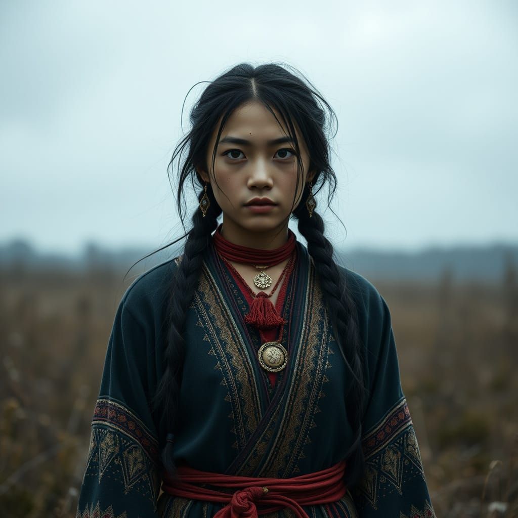 Young Woman in Taiga Fields, Dark Fantasy Illustration