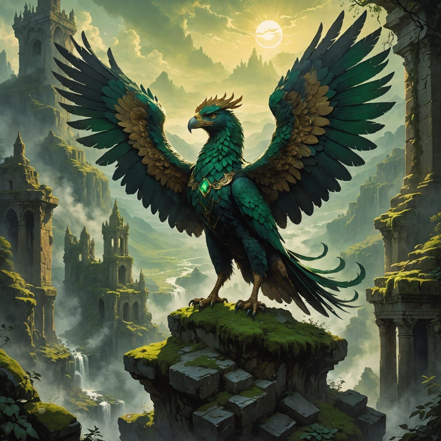 Majestic Griffin Perched on Ancient Ruins in Misty Valley