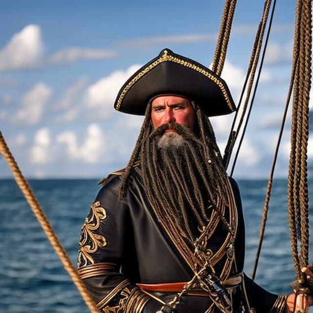 Pirate Captain Blackbeard on Ship with Braided Beard