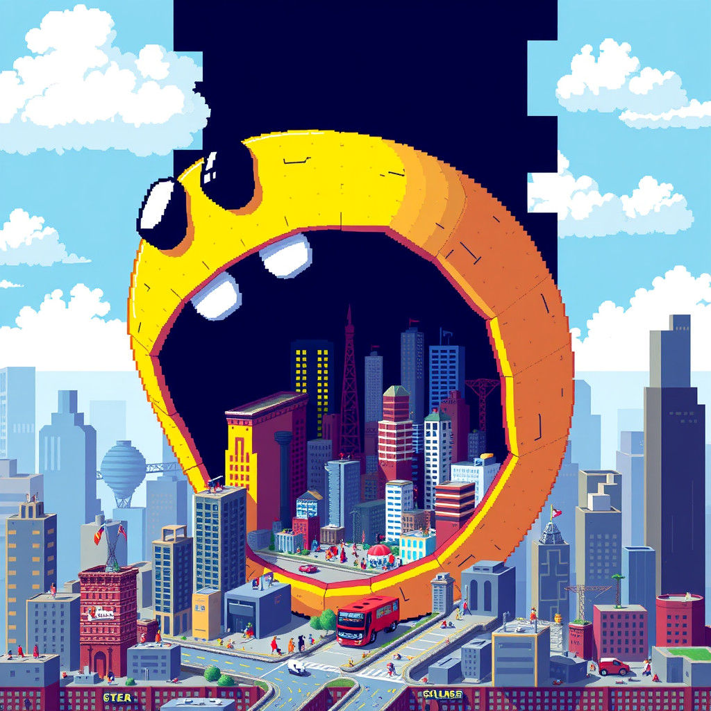 Giant Pac-Man Reveals Pixelated Cityscape: 8-bit Art