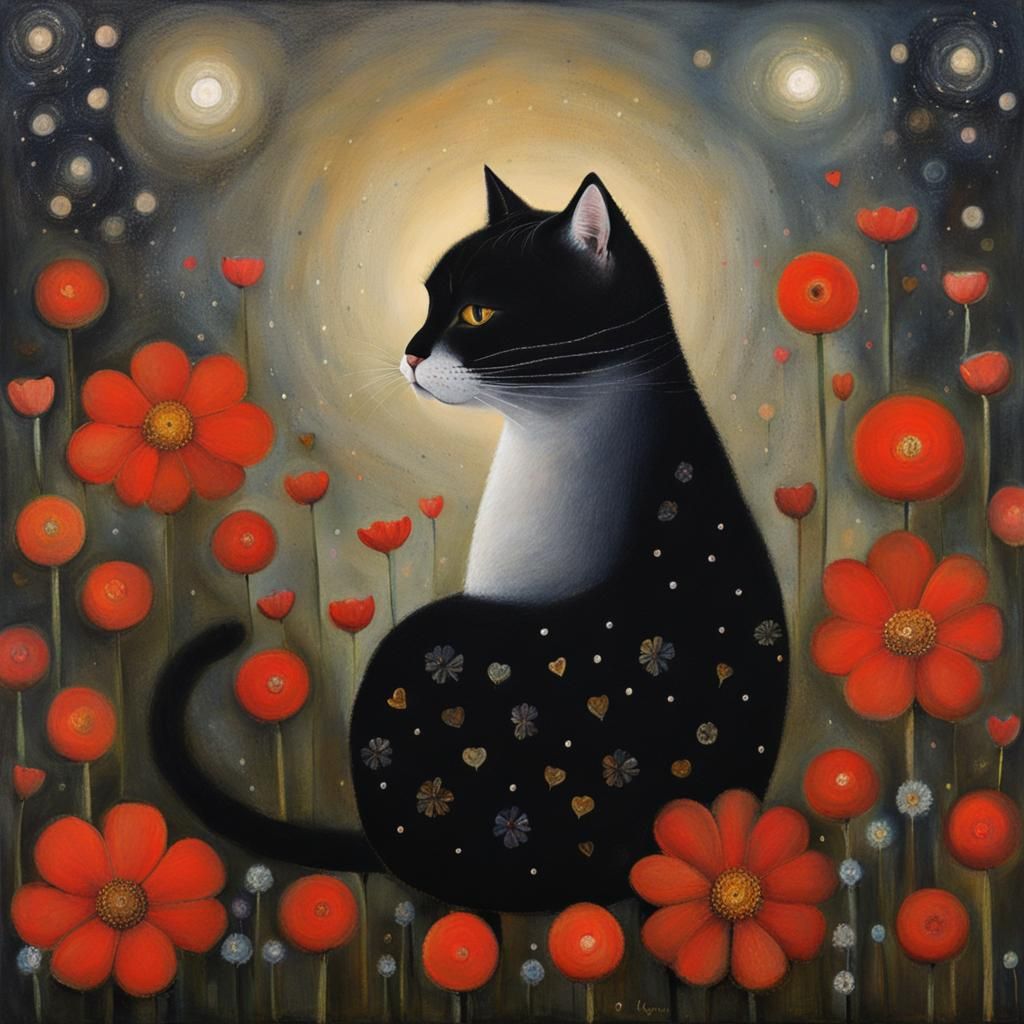 Cat Surrounded by Flowers in Atmospheric Style