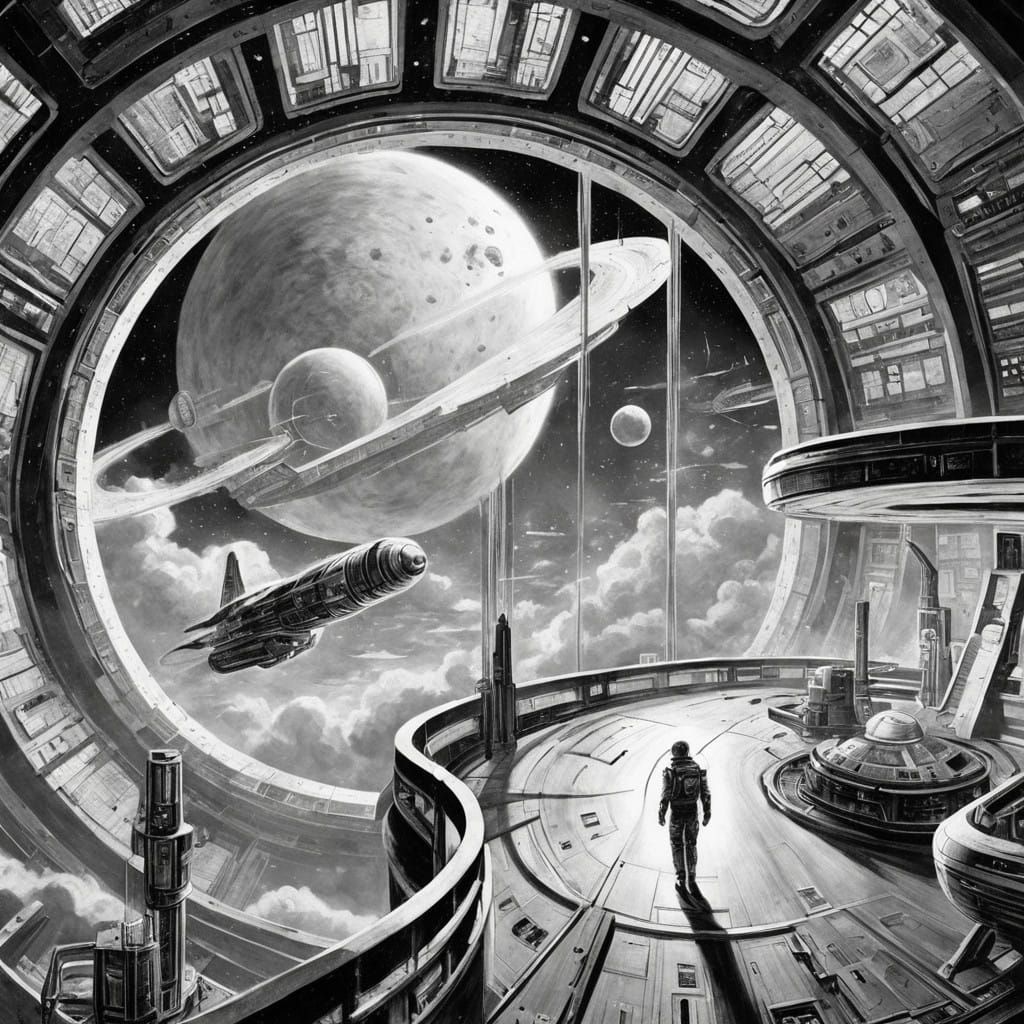 Vintage Spacecraft Interior Amid Venusian Clouds, in Noir Et...