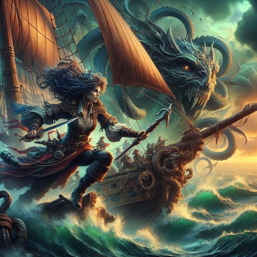 Epic Pirate Confronts Leviathan in Fantasy Art