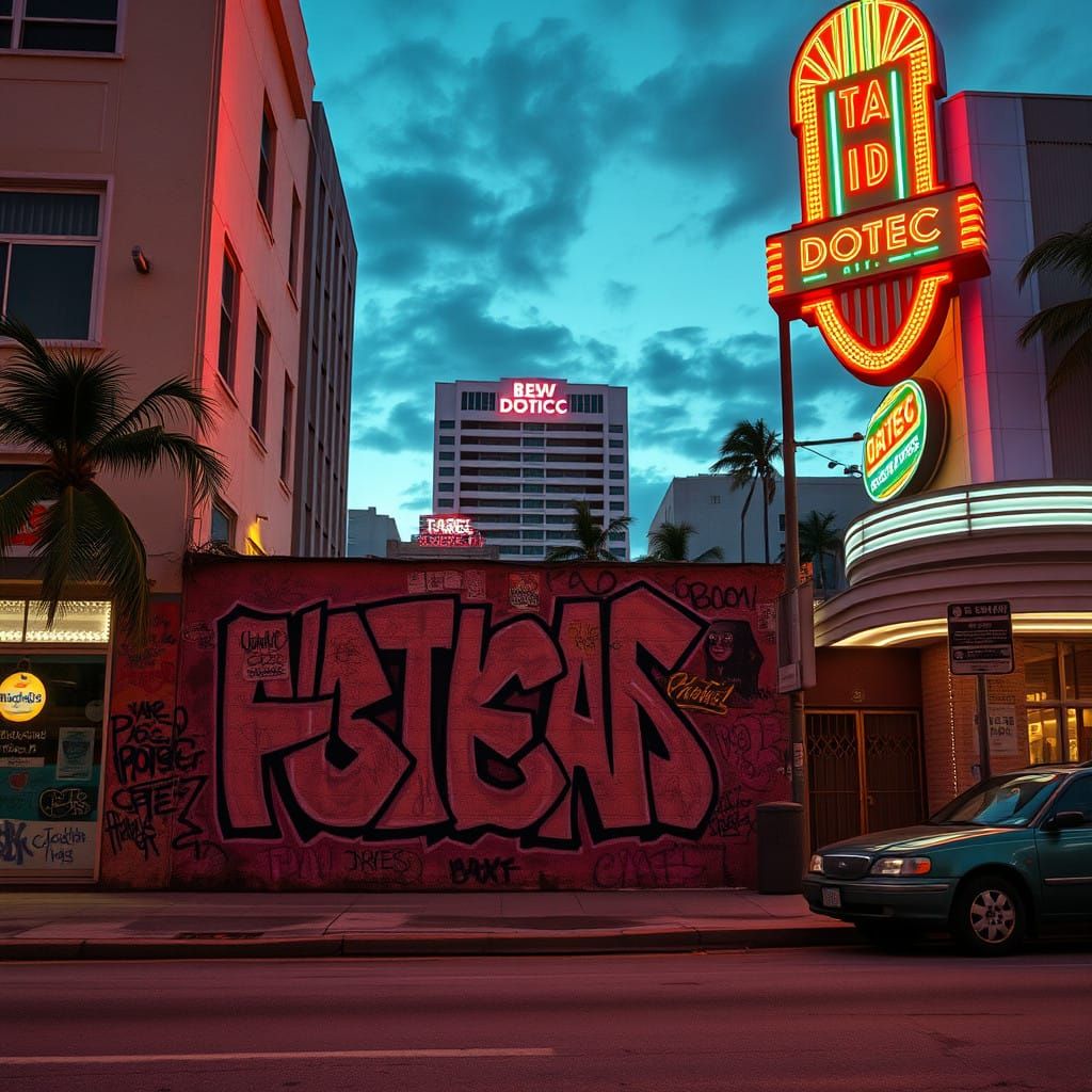 Gritty 80s Miami Street Scene with Art Deco Buildings and Gr...