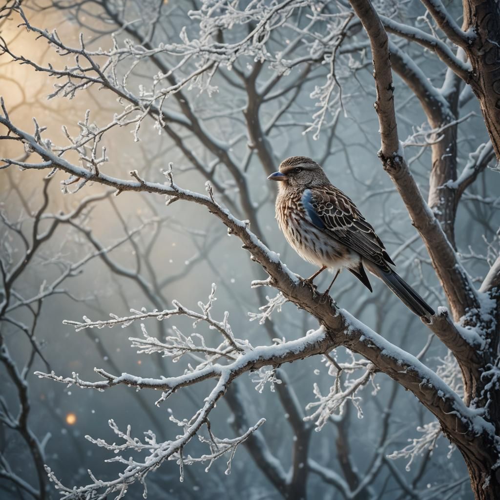 Baroque Winter Bird on Tree Branch