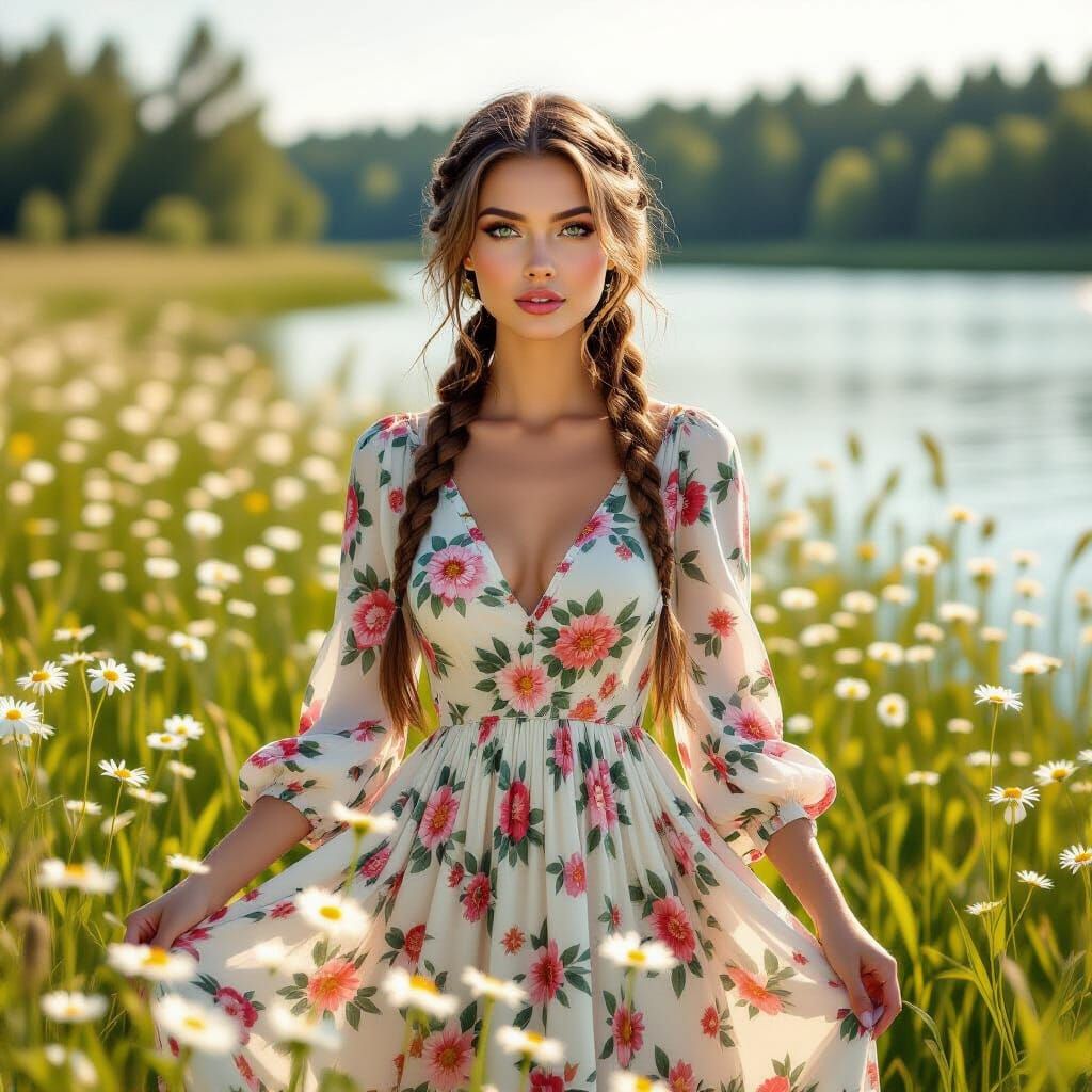 Beautiful Russian Girl in Daisy Field, 3D Graphics Style