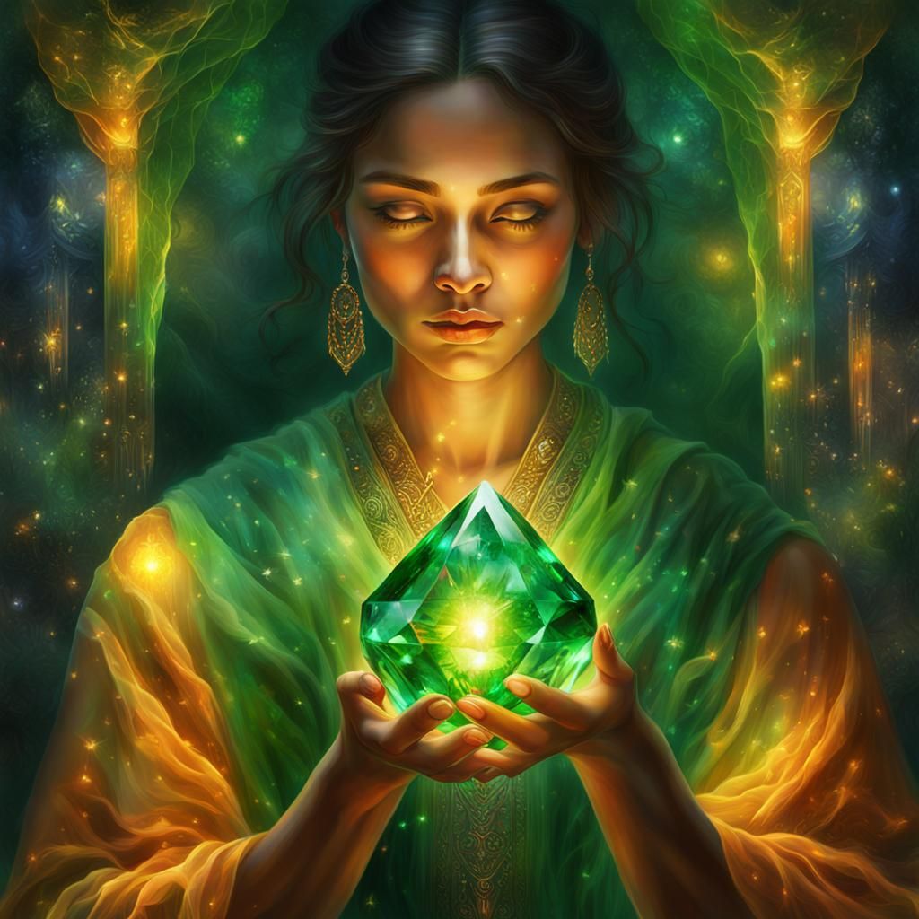 Radiant Woman Holding Crystal: A Digital Oil Painting