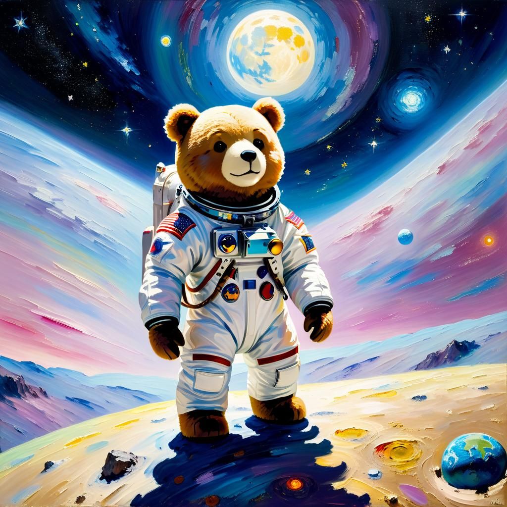 Teddy Bear Astronaut on the Moon as Impasto Painting