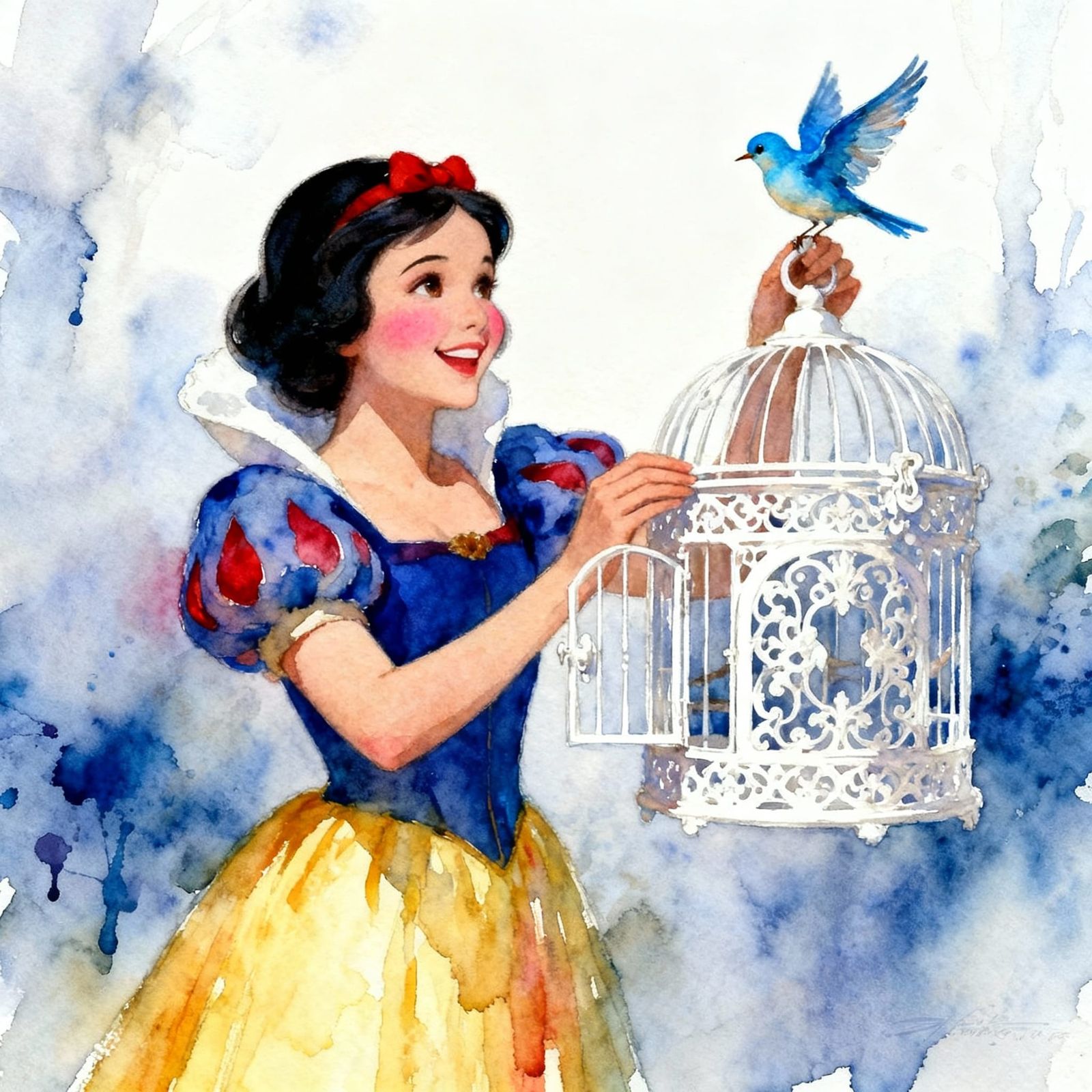 Snow White Frees Bluebird From Ornate Cage in Watercolor Sty...