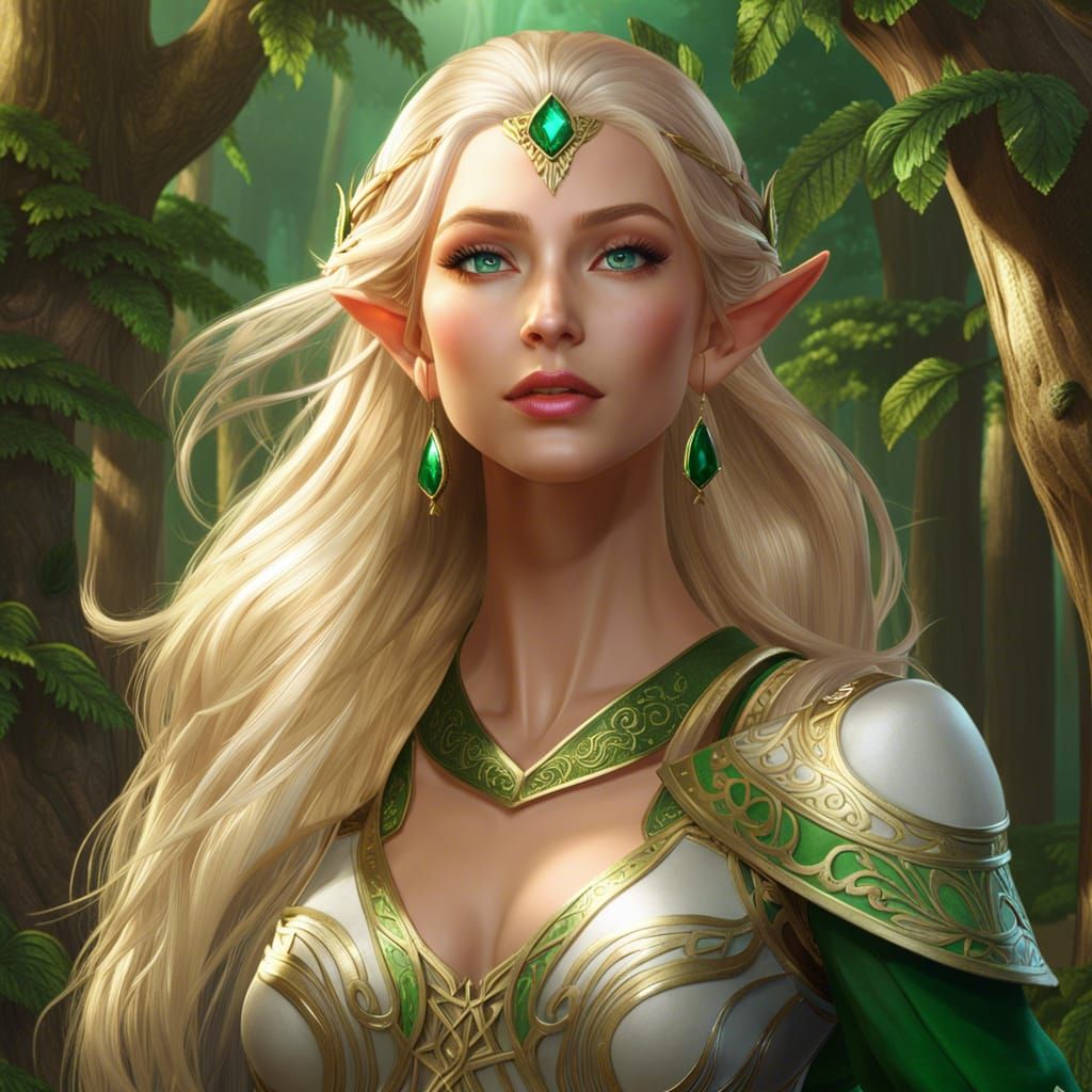 Beautiful Elf Girl Portrait in Emerald Forest, Fantasy Art
