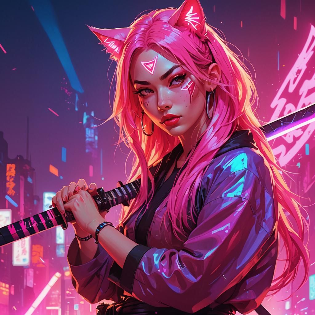 Neon Katana Girl: Digital Art in Russian Constructivism Styl...