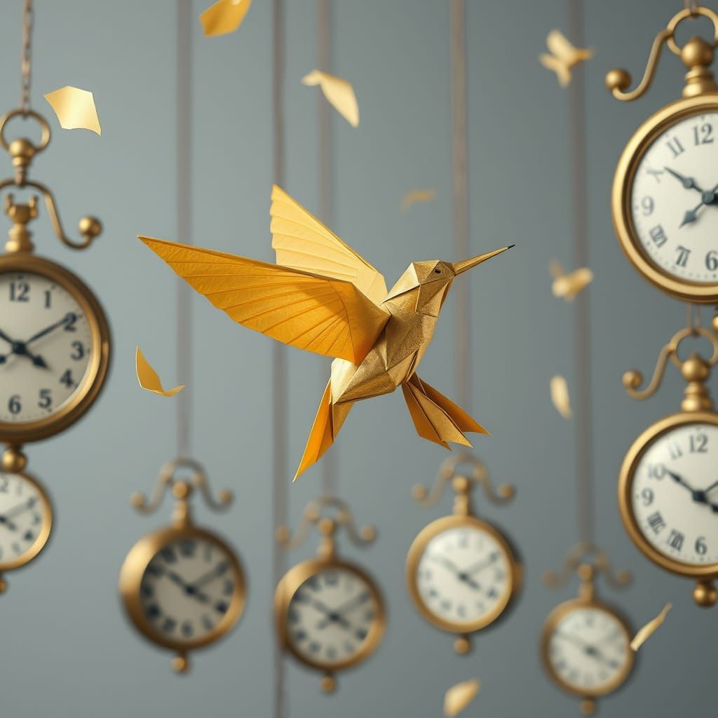 Golden Origami Hummingbird Among Suspended Clocks