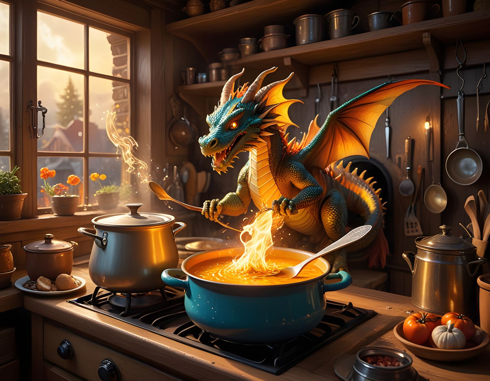 Dragon Breathes Fire into Cooking Pot as Elf Stirs Hearty So...