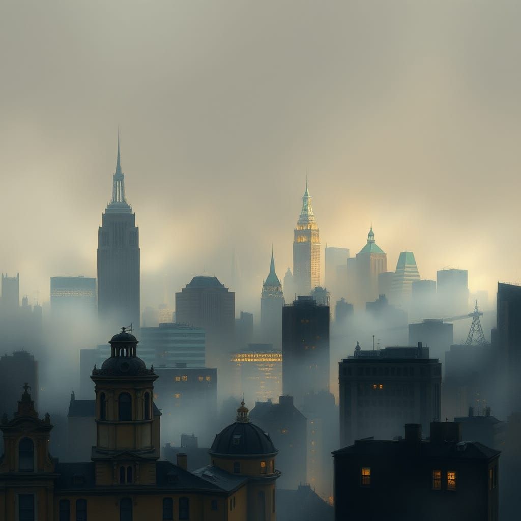 Rustic Cityscape at Dawn, in Impressionist Watercolor Style