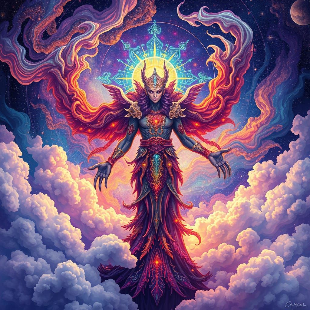 Vibrant Cosmic Entity in Holographic Illustration Style