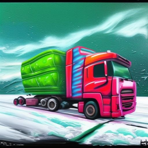 Trucks driving on icy roads under a green sky