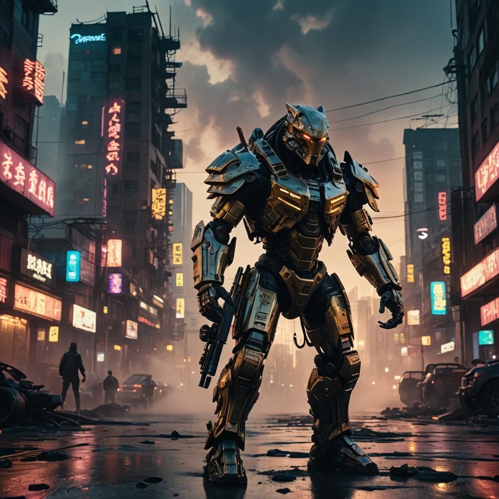Cyberpunk Predator Dominates Dystopian Cityscape at Dusk