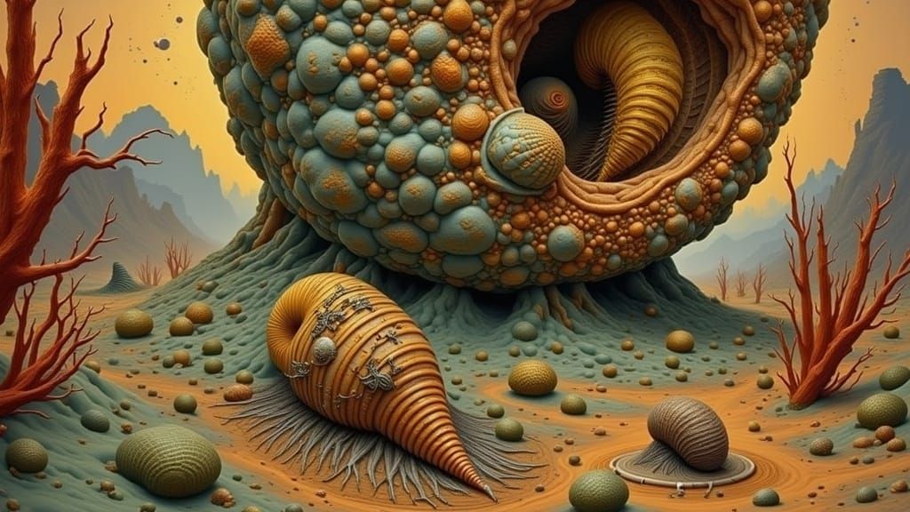 Ammonite and Trilobite Emerge in Surreal Desert Landscape