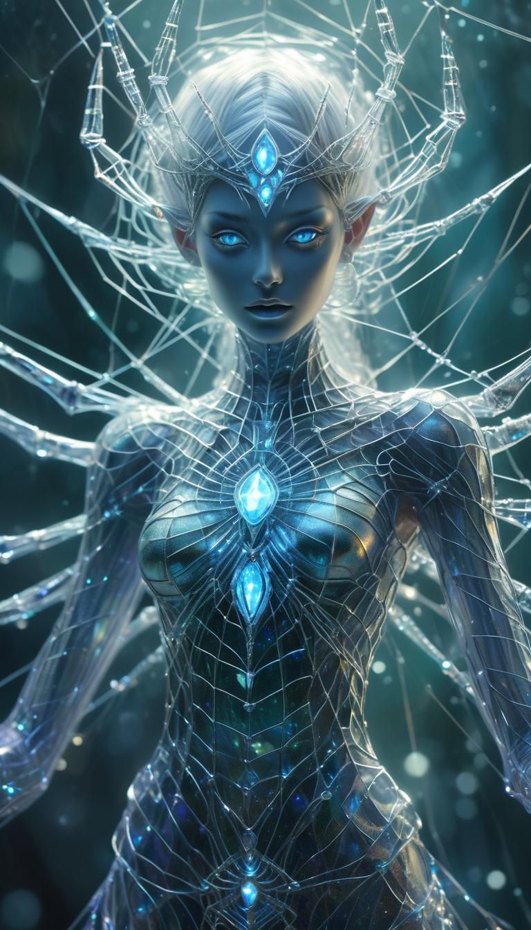 Fantasy silver string spider goddess , shining iridescent exoskeleton, dressed in an intricate web made out of transluce...
