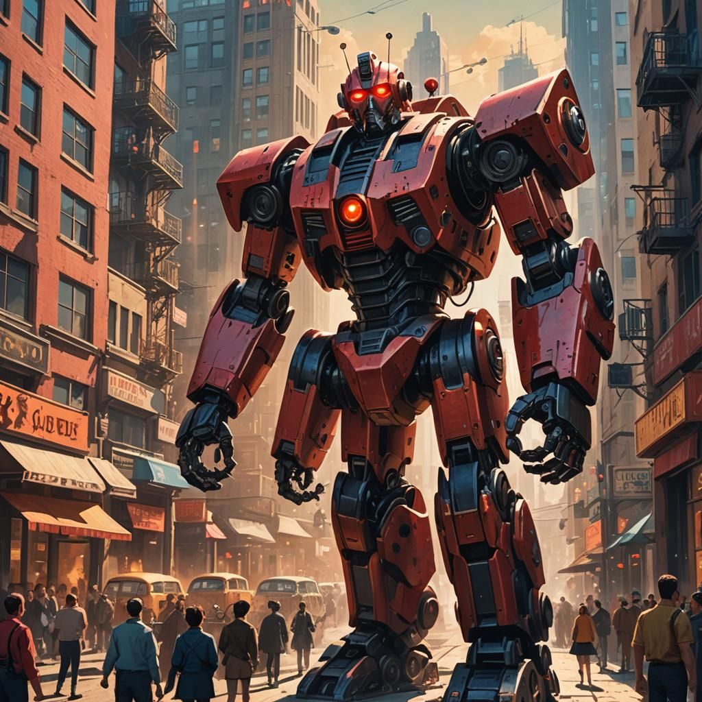 Giant Robot in 1950s City: Retro-Futuristic Concept Art