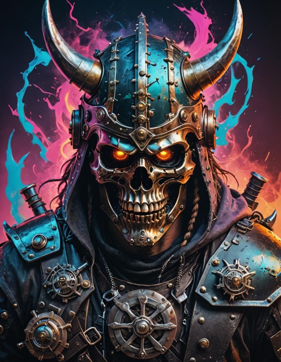 Viking Skull Portrait with Dragon in Steampunk Style