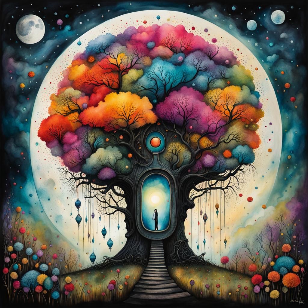 Surreal Portrait Exploring Life's Meaning in Watercolor