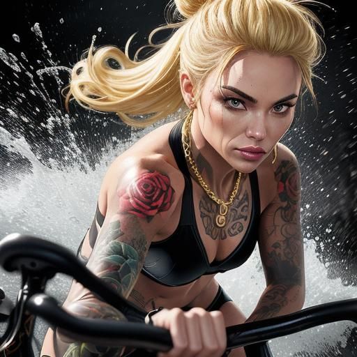 Comic Book Style: Tattooed Woman on Workout Bike