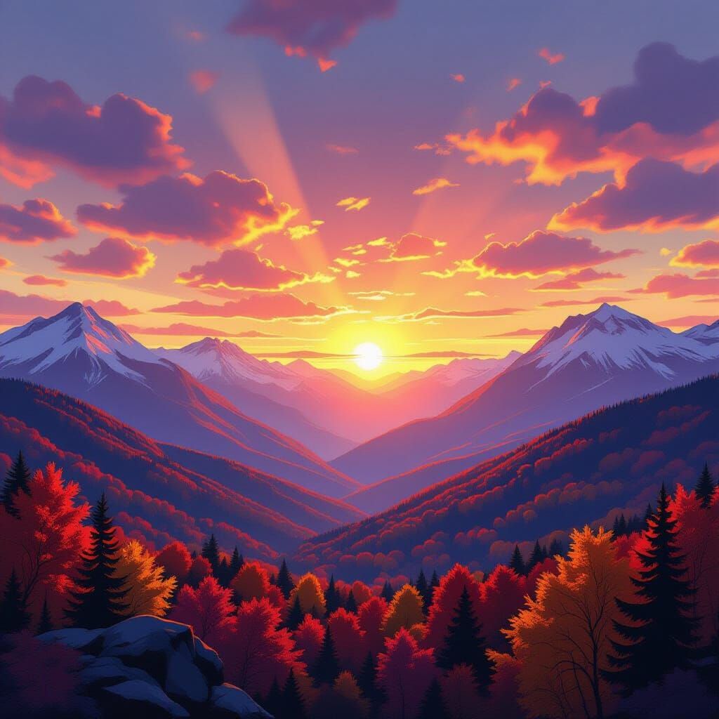 Vibrant Fall Sunrise Over Mountains in Digital Art Style